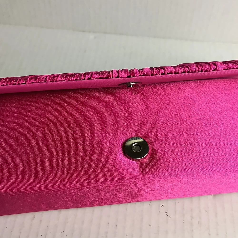 Satin Clutch Bag Faux Rhinestone Plaited Hot Pink Metal Strap Cocktail Party